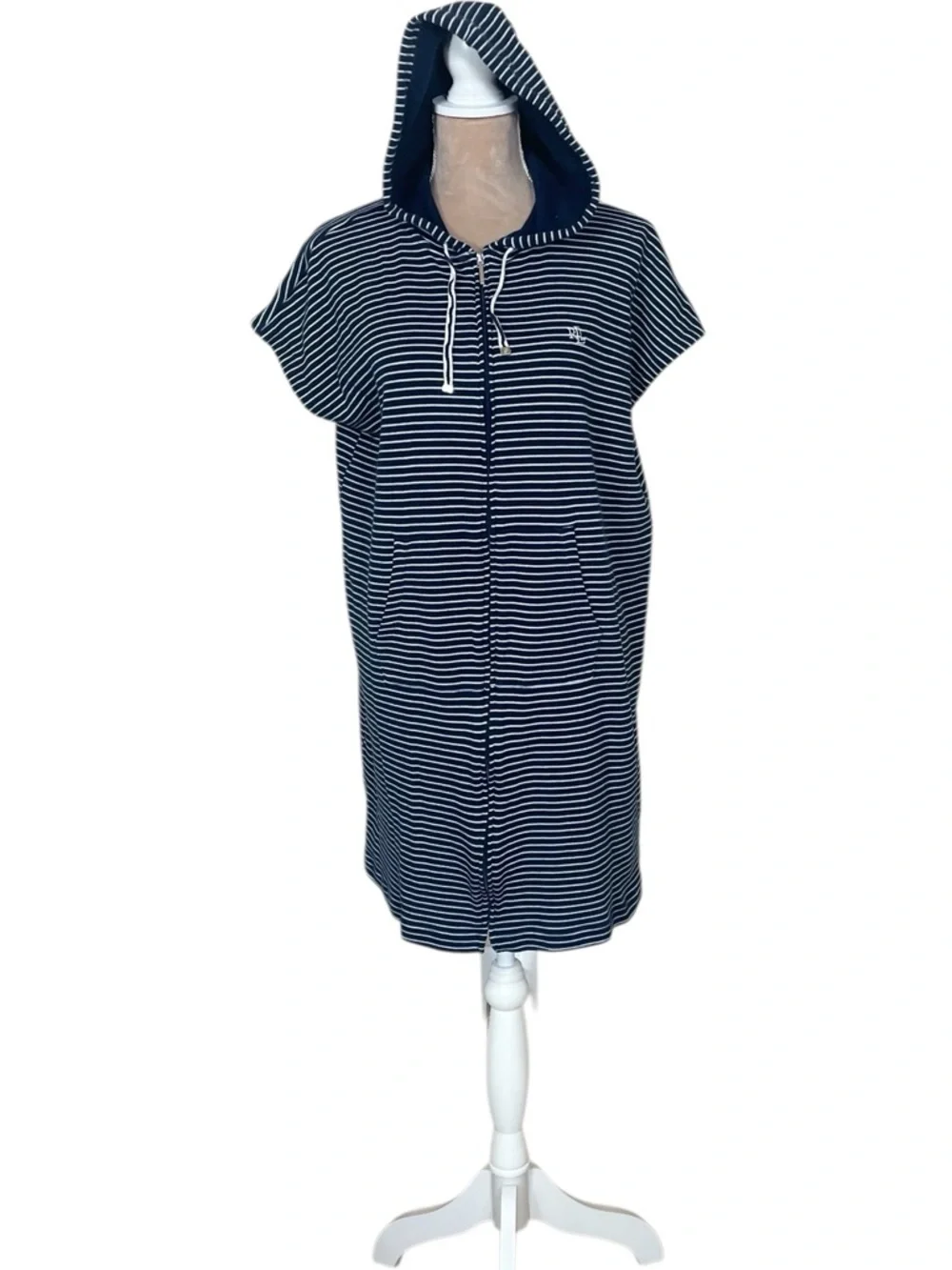 Lauren Ralph Lauren Navy and White Striped Hooded Zip Swim Cover-Up (J)